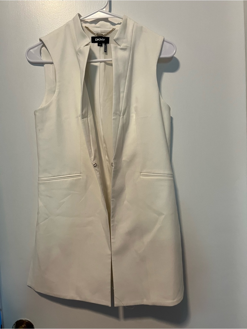 DKNY Cream Sleeveless Long Vest with Gold Chain Accent